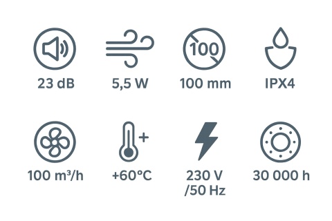 Wentylator łazienkowy MMP TIMER Bardzo Cichy Szklany Matowy Panel Ø100mm